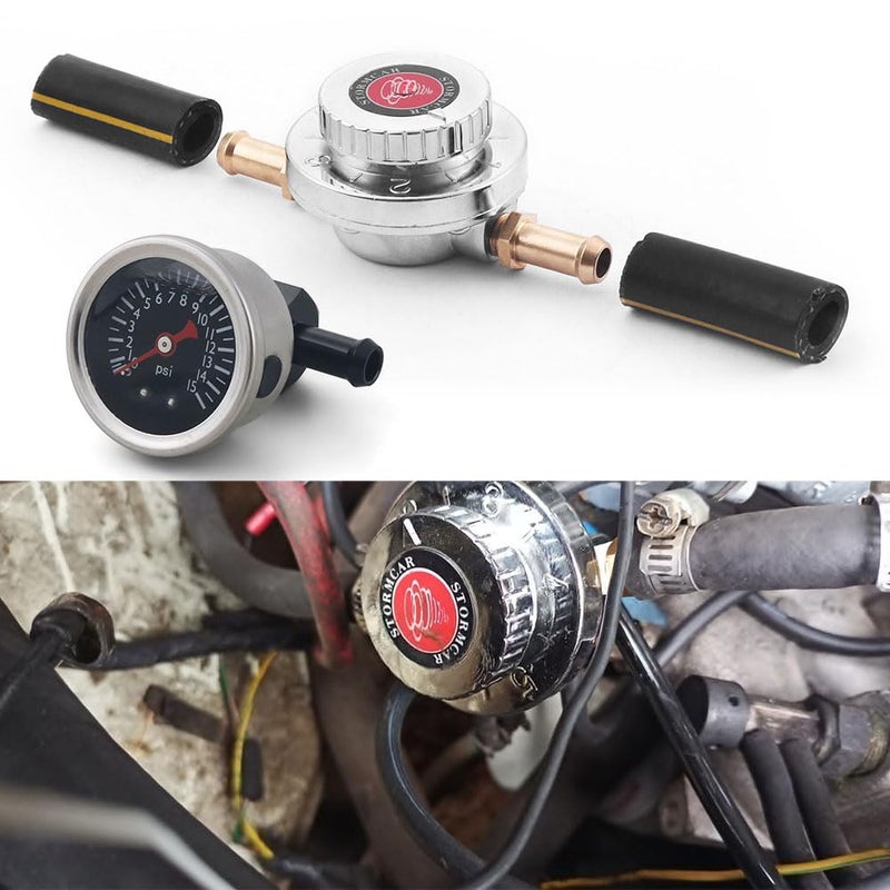 Dyno Racing طقم منظم ضغط الوقود القابل للتعديل مع مضخة الوقود كاربوريتر - يشمل مقياس ضغط 0-15 PSI وكتلة الوقود - Image 1